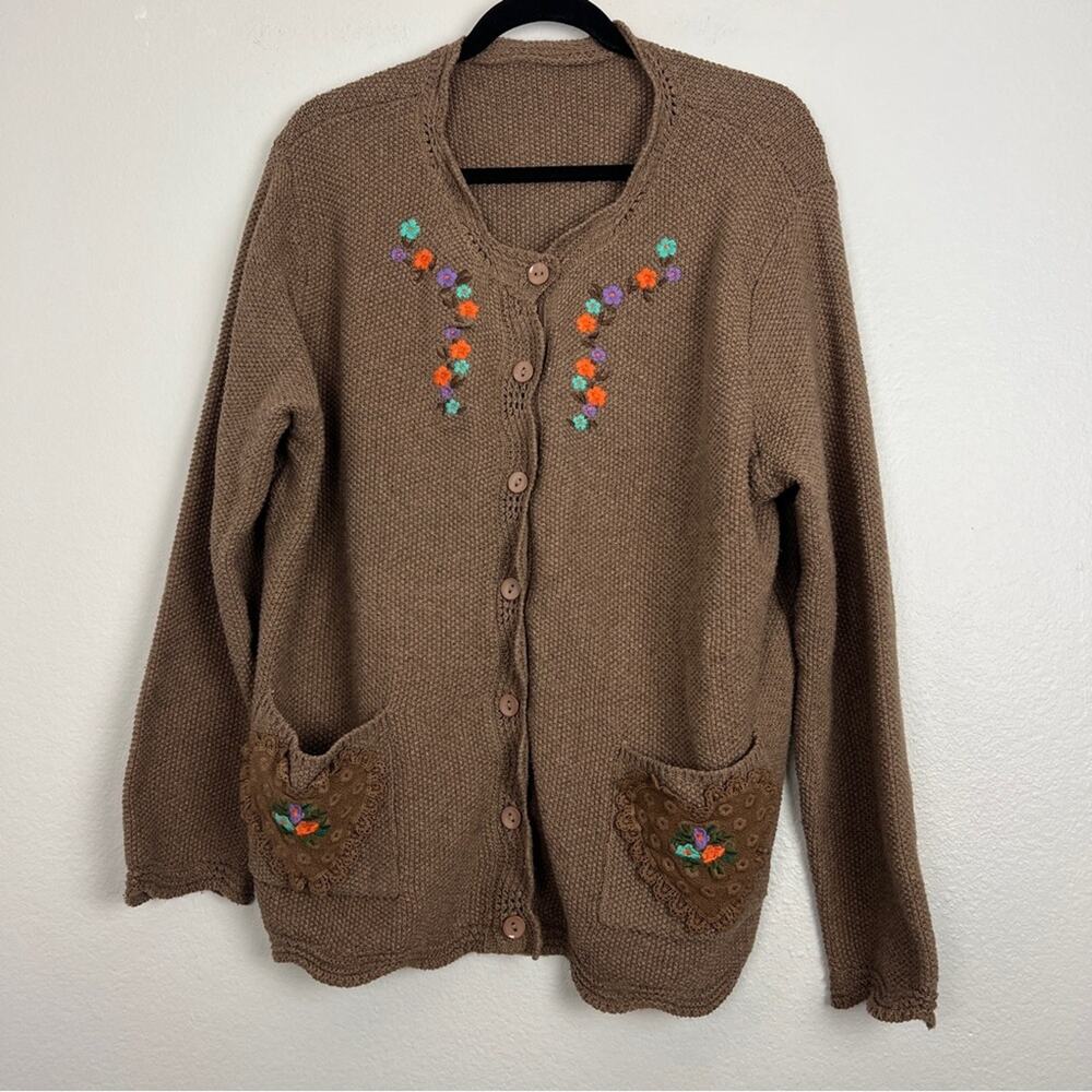 Brown Knitted Embroidered Button Cardigan Grandma Fairy Cottagecore Heart Doily